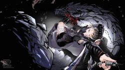 1girl absurdres arm_guards arm_up armor artist_logo black_dress black_hair black_nails breasts claws cloak commentary crossed_legs dress earrings ebony_odogaron english_commentary fingernails fishnets glint grey_hair highres holding holding_weapon hololive hololive_english jekz jewelry large_breasts logo looking_at_viewer monster monster_hunter_(series) multicolored_hair nail_polish official_alternate_costume open_mouth purple_cloak reclining red_eyes shiori_novella shiori_novella_(ebony_odogaron) short_hair smile solo two-tone_hair virtual_youtuber weapon yellow_eyes