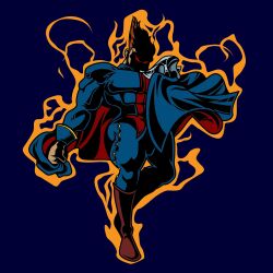  1boy aura blue_bodysuit bodysuit boots brown_hair bulge cape darkstalkers demitri_maximoff full_body highres large_pectorals male_focus mcduckillustration muscular muscular_male pectorals red_cape red_eyes red_hair shaded_face simple_background solo spiky_hair thick_thighs thighs vampire western_comics_(style) 