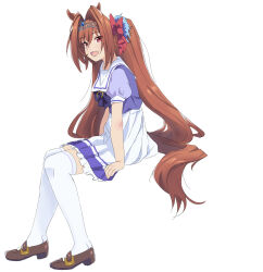  1girl animal_ears blush bow bowtie breasts brown_hair brown_shoes commentary_request daiwa_scarlet_(umamusume) fang hair_between_eyes hair_intakes highres horse_ears horse_girl horse_tail invisible_chair long_hair open_mouth pleated_skirt puffy_short_sleeves puffy_sleeves purple_bow purple_bowtie purple_shirt ramaramune red_eyes sailor_collar sailor_shirt school_uniform shirt shoes short_sleeves sitting skin_fang skirt smile solo tail teeth thigh-highs tiara tracen_school_uniform twintails umamusume very_long_hair white_sailor_collar white_skirt white_thighhighs 