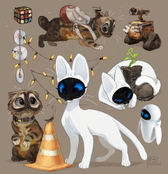  animal animal_focus animalization backpack bag blue_eyes boots brown_background brown_boots brown_cat bug cat cd cockroach collar commentary cube english_commentary eve_(wall-e) graypillow hal_(wall-e) highres no_humans official_art_inset plant rearing reference_inset robot simple_background sprout tabby_cat torbie_cat tortoiseshell_cat traffic_cone unworn_boots wall-e wall-e_(character) white_cat 