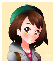  1girl absurdres ananasatom blush border brown_eyes brown_hair closed_mouth commentary english_commentary eyelashes gloria_(pokemon) green_hat hat highres pokemon pokemon_sword_and_shield portrait short_hair simple_background smile solo tam_o'_shanter white_border yellow_background 