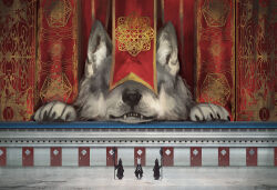  2others ambiguous_gender animal_ears artist_name black_hood black_robe commentary_request fangs fox_ears fox_girl holding holding_staff hood hood_up monokubo multiple_others original pentagram robe size_difference staff white_hair wide_shot wolf 