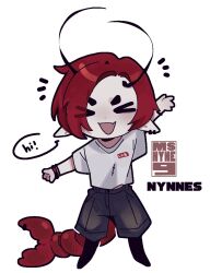  >_< 1girl bracelet chibi denim denim_shorts earrings english_text fang highres jewelry lobster lobster_girl lobster_tail long_pointy_ears ny_000a original pointy_ears red_hair shirt short_hair shorts signature skin_fang t-shirt white_shirt 