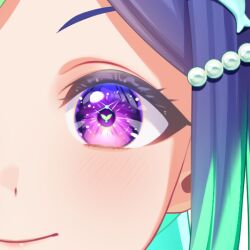  1girl blue_hair blush close-up closed_mouth commentary_request eye_focus eyelashes green_hair hair_ornament looking_at_viewer love_live! love_live!_sunshine!! matsuura_kanan multicolored_eyes multicolored_hair official_art pearl_hair_ornament purple_hair smile solo symbol-shaped_pupils symbol_in_eye violet_eyes 