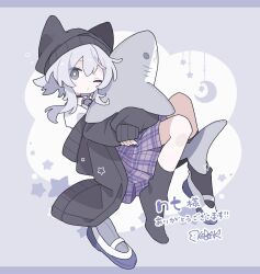  1girl :c aida_(aidia) animal_hat beanie black_cardigan black_choker black_hat black_nails black_socks blush bright_pupils cardigan cardigan_partially_removed cat_hat choker collared_shirt crossed_arms double-parted_bangs floating fluffy_hair full_body grey_background grey_eyes grey_hair hat hat_with_ears highres holding holding_stuffed_toy hugging_object looking_at_viewer medium_hair mole mole_under_eye necktie one_eye_closed original plaid_clothes plaid_necktie plaid_skirt pleated_skirt purple_necktie purple_skirt school_uniform shirt shoes short_hair_with_long_locks sidelocks signature single_shoe sitting skirt sleeves_past_wrists socks solo star_(symbol) stuffed_animal stuffed_shark stuffed_toy thick_eyelashes unworn_shoes uwabaki white_pupils white_shirt white_shoes 