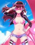  &gt;:) 1girl :3 adjusting_sunglasses bikini bikini_under_clothes black_jacket blue_sky breasts brown_hair closed_mouth collarbone cowboy_shot cropped_jacket d.va_(overwatch) flame_print floating_hair gloves glowing hand_on_hip hand_up headphones holster jacket legs_apart long_hair looking_at_viewer mecha medium_breasts navel o_o open_clothes open_jacket overwatch pink_bikini pocket purple_shorts rabbit shorts sieyarelow sky sleeves_folded_up smile solo stomach string_bikini sunglasses swimsuit thigh-highs white_gloves wind 
