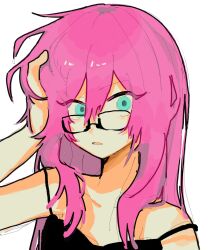  1girl absurdres aubrey_(faraway)_(omori) aubrey_(omori) bespectacled black-framed_eyewear blue_eyes collarbone double-parted_bangs fuchome glasses grey_background hair_between_eyes hand_on_own_head highres long_hair looking_at_viewer omori parted_lips pink_hair rectangular_eyewear simple_background sketch solo upper_body 