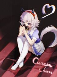  1girl absurdres animal_ears aoniyoshi bow bowtie box breasts cardboard_box character_name commentary_request curren_chan_(umamusume) ear_bow ear_covers grey_hair hairband heart heart-shaped_box highres horse_ears horse_girl horse_tail pleated_skirt puffy_short_sleeves puffy_sleeves purple_bow purple_bowtie purple_shirt red_bow sailor_collar sailor_shirt school_uniform shirt short_hair short_sleeves sitting skirt solo tail thigh-highs tracen_school_uniform umamusume violet_eyes white_sailor_collar white_skirt white_thighhighs 