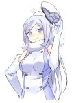  1girl aila_jyrkiainen bare_shoulders blush breasts cccpo dress elbow_gloves food food_on_head fur_trim gloves gundam gundam_build_fighters hat hat_removed headwear_removed long_hair nikuman object_on_head silver_hair smile solo 