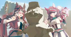  2girls :d ;d absurdres animal_ears artist_collaboration beamed_sixteenth_notes belt blue_sky bow bowtie brown_hair buc-ee's commentary day ear_covers ears_through_headwear eighth_note english_commentary forever_young_(racing)_(umamusume) forever_young_(umamusume) glint green_bow green_bowtie hand_puppet hat hat_ornament highres horse_ears horse_girl jacket jewelry long_hair long_sleeves looking_at_viewer marche_lorraine_(racing)_(umamusume) marche_lorraine_(umamusume) medium_hair mouhantain multicolored_hair multiple_girls musical_note musical_note_hat_ornament necktie one_eye_closed open_mouth outdoors peemy puppet purple-tinted_eyewear red_belt red_hat red_jacket ring skirt sky smile statue streaked_hair tinted_eyewear umamusume v violet_eyes white_belt white_jacket white_necktie white_skirt white_streaks 