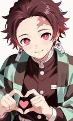  1boy absurdres checkered_haori closed_mouth demon_slayer_uniform earrings forehead hanafuda_earrings haori heart heart_hands highres japanese_clothes jewelry kamado_tanjirou kimetsu_no_yaiba kqi621 male_focus red_eyes red_hair scar scar_on_face scar_on_forehead short_hair smile solo 
