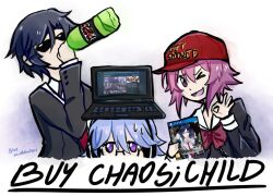  1boy 2girls baseball_cap black_jacket blue_hair bluerainbowart bottle bow chaos;child chest_bow computer cropped_jacket drinking english_text hat hekiho_academy_school_uniform holding holding_bottle holding_game_cartridge jacket kazuki_hana laptop miyashiro_takuru multiple_girls nervous_sweating object_on_head ok_sign one_eye_closed onoe_serika open_mouth pink_hair red_bow red_hat school_uniform science_adventure short_hair smile soda sunglasses sweat violet_eyes 