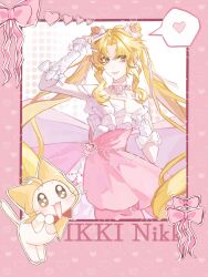  1girl absurdres ahoge animal arm_bow arm_warmers back_bow bare_shoulders bead_armlet blonde_hair border bow bowtie brown_eyes bubble_skirt cat chinese_commentary choker cloak closed_mouth clothed_animal commentary_request cone_hair_bun copyright_name cowboy_shot dot_nose double_bun dreamtime_bestowed_(infinity_nikki) dress ear_covers excited eyelashes finger_gun frilled_arm_warmers frills hair_bow hair_bun hair_ornament hair_ribbon halftone halftone_background hand_on_own_head heart heart_border heart_hair_ornament highres hood hood_up hooded_cloak infinity_nikki jewelry large_bow layered_dress lips long_hair looking_at_another momo_(nikki) neck_ribbon necklace nikki_(series) outline own_hands_together parted_bangs pink_border pink_bow pink_choker pink_dress pink_lips pink_ribbon re581 red_bow red_bowtie ribbon sidelocks skirt sleeveless sleeveless_dress smile spaghetti_strap speech_bubble spoken_heart tail_raised traditional_bowtie twintails v very_long_hair wavy_hair whiskers white_arm_warmers white_background white_bow white_cat white_dress white_outline white_ribbon wrist_bow yellow_cloak 