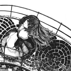  1girl dress from_above greyscale hand_on_railing long_hair looking_at_viewer looking_up lowres monochrome open_mouth original railing shirousagi_una simple_background tile_floor tiles white_background 