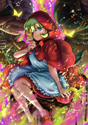  1girl 2boys absurdres apron b.b._hood basket blonde_hair blue_eyes bug butterfly capelet cloak closed_mouth crossed_arms darkstalkers dress eyepatch father_and_child father_and_daughter flower frills green_hair head_out_of_frame highres holding holding_flower hood hood_up hooded_capelet looking_at_viewer minokichi_(arufooto25) multiple_boys muscular muscular_male one_eye_covered parent_and_child red_capelet red_dress red_hood red_skirt short_hair sitting skirt smile solo_focus white_apron yellow_flower 
