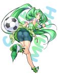  1girl ass ball bike_shorts choker cure_march dress green green_dress green_eyes green_hair long_hair looking_back magical_girl midorikawa_nao pantylines piromizu ponytail precure shorts_under_skirt smile smile_precure! soccer_ball solo teal_bike_shorts tiara tri_tails very_long_hair wrist_cuffs 