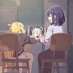  3girls ahoge auklet5580 black_hair black_shirt blonde_hair chair cho_kaguya-hime! closed_eyes commentary_request hair_ornament hair_rings hair_stick highres indoors kaguya_(cho_kaguya-hime!) long_hair long_sleeves medium_hair multiple_girls open_mouth runami_yachiyo sakayori_iroha shirt shorts sitting tablet_pc twintails white_shorts 