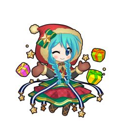  1girl aqua_hair black_outline black_pantyhose black_shirt blue_eyes blush bow braid brown_mittens capelet chibi chibi_only christmas closed_mouth cross-laced_sandals dress dress_over_shirt full_body fur-trimmed_capelet fur-trimmed_hood fur-trimmed_mittens fur_trim game_asset gift green_bow green_dress hands_up hatsune_miku hatsune_miku_graphy_collection hood hood_up hooded_capelet juliet_sleeves layered_dress long_sleeves looking_at_viewer low_twin_braids mittens one_eye_closed outline pantyhose pom_pom_(clothes) puffy_sleeves red_capelet red_dress santa_hood shirt smile solo standing star_(symbol) striped_clothes striped_dress transparent_background twin_braids vocaloid 