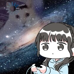  1girl animification black_hair blue_hoodie braid closed_mouth commentary_request crown_braid expressionless holding hood hood_down hoodie huh?_cat_(meme) loading_icon long_sleeves love_live! love_live!_hasu_no_sora_jogakuin_school_idol_club meme potatopenggu real_life sakurai_hina seeno_de!_hasu_no_sora! solo space_cat_(meme) voice_actor 