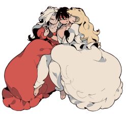  3girls bare_shoulders barefoot black_hair blonde_hair brown_gloves chinese_commentary closed_eyes closed_mouth commentary_request dress dual_persona frilled_dress frills genderswap genderswap_(mtf) girl_sandwich gloves holding_hands invisible_chair ken_masters long_hair looking_at_another midnight_bliss multiple_girls off-shoulder_dress off_shoulder red_dress ryu_(street_fighter) sandwiched short_hair simple_background sitting street_fighter svc_chaos sweatdrop v-shaped_eyebrows white_background white_dougi white_dress xp_guaiyi_renlei yuri 