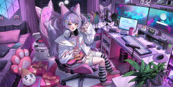  1girl absurdres animal_ears asymmetrical_legwear bed bed_sheet blush book bow bowtie box can chair commentary computer_keyboard computer_mouse cost_(kftf4582) curtains earphones fox_girl fox_tail frilled_skirt frilled_thigh_strap frills gaming_chair gift hair_ornament heart-shaped_box heterochromia highres jacket long_hair looking_at_viewer mismatched_legwear monitor nintendo_switch open_mouth pillow plant pleated_skirt potted_plant purple_hair sitting skirt smile stellive swivel_chair tail tenko_shibuki thigh-highs thigh_strap virtual_youtuber 