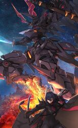  1girl armor armored_bodysuit battle_rifle black_bodysuit black_gloves bodysuit braid breasts covered_navel double-parted_bangs embers english_commentary floating_embers floating_hair gloves glowing glowing_eyes green_eyes gun hair_between_eyes headgear highres holding holding_sheath holding_sword holding_weapon horns huge_weapon katana large_breasts long_hair looking_at_viewer mecha mecha_focus original partially_fingerless_gloves pauldrons red_eyes reverse_grip rifle robot sheath shoulder_armor solo sword syaha twin_braids upper_body weapon weapon_on_back 