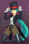  and aqua_eyes boots gloves green_eyes green_hair hat hatsune_miku kneeling leotard long_hair magician miracle_paint_(vocaloid) pantyhose ponytail project_diva solo tailcoat thigh-highs thigh_boots thighhighs top_hat very_long_hair vocaloid 