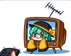  1girl 1other :3 black_hat closed_mouth controller frilled_sleeves frills green_eyes green_hair hat hat_ribbon holding holding_controller holding_remote_control komeiji_koishi long_sleeves pov pov_hands remote_control ribbon shirt smile solo_focus suteruko television through_medium through_screen touhou wide_sleeves yellow_shirt 