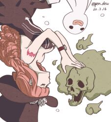  1boy 1girl arm_tattoo black_hat blunt_bangs brook_(one_piece) commentary_request dated dress drill_hair floating flower ghost hat hat_flower long_hair masukawagen one_piece perona pink_hair simple_background strapless strapless_dress tattoo upside-down watch watch white_background 