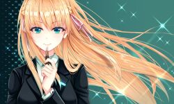  black_suit blonde_hair blue_eyes commentary_request cosmetics floating_hair hair_ribbon heaven_burns_red holding holding_lipstick_tube lipstick lipstick_tube long_hair looking_at_viewer makeup ribbon suit toujou_tsukasa toujou_tsukasa_(secret_service's_silencer) upper_body white_ribbon yumicha 