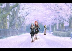  3girls black_jacket black_pantyhose black_skirt black_socks blazer blue_jacket bow bowtie brown_shoes camcorder camera collared_shirt commentary_request grey_pants highres holding holding_camera jacket kanduki_kamibukuro kinjo_maika kurumibashi_school_uniform love_live! love_live!_hasu_no_sora_jogakuin_school_idol_club love_live!_hasu_no_sora_jogakuin_school_idol_club_bloom_garden_party miniskirt multiple_girls ogami_sachi open_clothes open_jacket outdoors pants pantyhose pleated_skirt red_bow red_bowtie reisawa_aoi school_uniform shirt shoes skirt socks standing sweater video_camera white_shirt white_sweater 