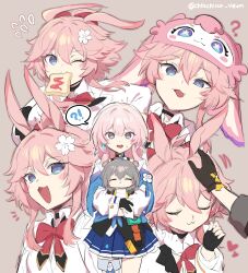  3girls absurdres black_gloves black_jacket bread bread_slice closed_eyes commentary evanescia_(honkai:_star_rail) food food_in_mouth gloves hat headpat hello_mem_world!_(honkai:_star_rail) highres honkai:_star_rail honkai_(series) jacket march_7th_(honkai:_star_rail) mouth_hold multiple_girls multiple_views ooyun open_mouth pink_hair shirt short_hair skirt stelle_(honkai:_star_rail) toast toast_in_mouth trailblazer_(honkai:_star_rail) untranslatable_commentary violet_eyes white_shirt 