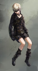  1boy 9s_(nier:automata) amyucheu black_boots black_gloves black_jacket black_shorts blindfold boots closed_mouth commentary_request full_body gloves grey_background highres invisible_chair jacket long_sleeves male_focus nier:automata nier_(series) short_hair shorts sitting solo white_hair 