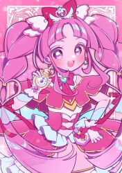  1girl blush bow commentary_request cure_mystique dress earrings fingerless_gloves gloves hair_bow heart heart_in_eye highres holding jewelry looking_at_viewer meitantei_precure! open_mouth pink_hair precure solo symbol_in_eye teeth umecha_0 violet_eyes watermark white_gloves 