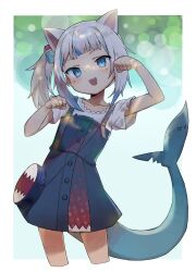  1girl animal_ears bag blue_dress blue_eyes blue_hair blush bongnom cat_ears commentary_request cropped_legs cube_hair_ornament dress fins fish_tail gawr_gura gawr_gura_(casual) hair_ornament highres hololive hololive_english multicolored_hair open_mouth paw_pose shark_tail sharp_teeth shirt short_sleeves side_ponytail simple_background sleeveless sleeveless_dress solo tail teeth virtual_youtuber white_hair white_shirt 