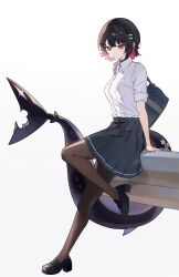  1girl absurdres against_railing bag black_hair black_shoes blue_skirt breasts brown_pantyhose candy colored_inner_hair commentary_request ellen_joe ellen_joe_(on_campus) fins fish_tail food food_in_mouth from_side full_body highres large_tail lollipop lollipop_in_mouth looking_at_viewer medium_breasts mole mole_under_eye multicolored_hair nozik_1111 official_alternate_costume pantyhose railing razor_blade_hair_ornament red_eyes red_nails scar scar_on_tail school_bag shark_girl shark_tail shirt shoes simple_background skirt solo tail white_background white_shirt zenless_zone_zero 