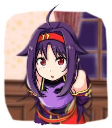  1girl :o ahoge armor armpit_crease arms_behind_back bare_shoulders belt blurry border breastplate breasts collared_leotard commentary_request depth_of_field detached_sleeves hairband high_collar highleg highleg_leotard indoors leaning_forward leotard long_hair long_sleeves looking_at_viewer messy_hair nemu_(46_2367teimei) night open_mouth outside_border purple_armor purple_hair purple_leotard purple_skirt purple_sky purple_sleeves red_belt red_eyes red_hairband red_skirt red_trim sidelocks skirt sky small_breasts solo sword_art_online two-tone_skirt white_border window yellow_trim yuuki_(sao) 