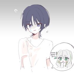  1boy 1girl alternate_costume alternate_hairstyle anger_vein annoyed arms_at_sides black_hair blunt_ends blush braid bright_pupils casual choppy_bangs commentary_request contemporary cross-shaped_pupils eyeliner genshin_impact green_eyes green_hair grey_pupils greyscale_with_colored_background hair_down hair_ornament half_crown_braid hands_on_own_face hands_up korean_commentary leaf leaf_hair_ornament long_hair looking_at_viewer makeup multicolored_hair nahida_(genshin_impact) open_mouth parted_lips red_eyeliner scaramouche_(genshin_impact) shirt short_sleeves sketch spoken_character streaked_hair symbol-shaped_pupils tsurime v-neck violet_eyes wet wet_clothes wheat_02 white_hair white_pupils white_shirt white_sleeves 