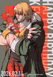  1boy beard black_coat black_shirt blonde_hair box coat collarbone commentary_request crossed_arms dated english_text facial_hair fingerless_gloves flower gift gift_box gloves hair_between_eyes happy_birthday highres holding holding_box holding_flower hood hood_down hooded_coat ken_masters male_focus mista0930 muscular muscular_male open_clothes open_coat pants red_pants shirt short_hair sleeves_rolled_up smile solo street_fighter street_fighter_6 