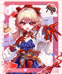  1girl absurdres arknights atai_(56874442) belt blonde_hair bow bubble cake chinese_commentary commentary_request dress food frilled_dress frills gloves goggles haruka_(arknights) heart heterochromia highres large_bow long_hair microphone open_mouth pudding red_eyes red_gloves red_hair smile 