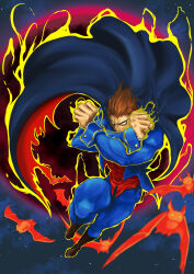  1boy aura bat_(animal) boots brown_hair cape crossed_arms darkstalkers demitri_maximoff flying highres jacket long_sleeves male_focus manly minokichi_(arufooto25) moon muscular night no_pupils pants sky solo space spiky_hair star_(sky) starry_sky street_fighter superhero_costume vampire western_comics_(style) white_eyes 