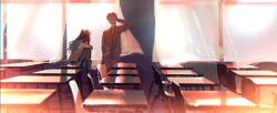 1boy absurdres black_skirt brown_vest classroom curtains desk emiya_shirou fate/stay_night fate/unlimited_blade_works fate_(series) full_body highres homurabara_academy_school_uniform long_sleeves neck_ribbon on_desk orange_hair print_ribbon red_hair ribbon school school_desk school_uniform sitting skirt sunset ubwmitekure vest window 