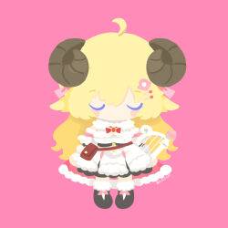  1girl ahoge artist_name belt_pouch black_shoes blonde_hair bow bowtie closed_eyes commentary_request curled_horns dress facing_viewer flower frilled_dress frills hair_flower hair_ornament hairclip hololive horns light_blush long_hair no_mouth pink_background pouch red_bow red_bowtie rizu_(rizunm) sheep_girl sheep_horns shoes solo tsunomaki_watame tsunomaki_watame_(1st_costume) 