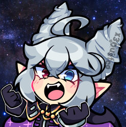  1girl ahoge black_gloves blue_eyes cape chibi commentary english_commentary fangs general_geega gloves grey_hair hair_between_eyes hair_horns heterochromia highres indie_virtual_youtuber open_mouth pointy_ears red_eyes solo space spacesuit star_(sky) virtual_youtuber x3dustco 