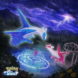 claws clouds commentary_request eye_contact flower from_side glowing latias latios lightning looking_at_another mountainous_horizon no_humans official_art pokemon pokemon_(creature) pokemon_focus pokemon_sleep rain red_eyes sky storm white_flower yellow_eyes yellow_flower 