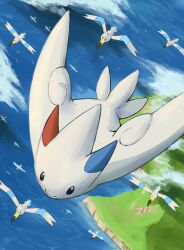  bird clouds commentary_request day flying highres neoruru_illust no_humans ocean outdoors pokemon pokemon_(creature) pokemon_focus sky togekiss water wings wingull 