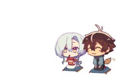  :3 ^_^ black_pants blue_jacket blush_stickers brown_hair cable_insertion chibi closed_eyes closed_mouth commentary cushion dog_tail double-parted_bangs dress eating facing_ahead food food_in_mouth full_body hair_between_eyes highres jacket kc105 long_dress long_hair looking_ahead megami_"isekai_tensei_nani_ni_naritai_desu_ka"_ore_"yuusha_no_rokkotsu_de" megami_(yuusha_no_rokkotsu_de) messy_hair ore_(yuusha_no_rokkotsu_de) pants parted_bangs pocky pocky_in_mouth red_shoes seiza shoes short_hair sitting smile tail untranslatable_commentary variant_set white_background white_dress white_hair zabuton 