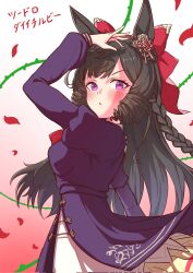  1girl animal_ears arm_up ascot blush bow braid breasts brown_hair commentary_request daiichi_ruby_(brilliant_red_gemstone)_(umamusume) daiichi_ruby_(umamusume) dress drill_hair drill_sidelocks ear_flower hair_bow hair_ornament highres horse_ears horse_girl long_hair long_sleeves looking_at_viewer parted_lips petals plant purple_dress red_ascot side_drill sidelocks small_breasts solo suzuneiroekaki thorns twin_drills umamusume vines violet_eyes 