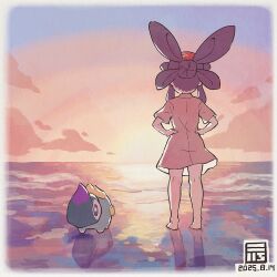  1girl artist_logo barefoot black_hair clouds dated dress from_behind hair_rings hands_on_own_hips highres horizon logo looking_afar outdoors quad_hair_rings red_dress reflection reflective_floor sakuna-hime short_sleeves signature standing sun sunset tama-jii tensui_no_sakuna-hime y_koichi 