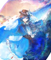  1girl absurdres alternate_eye_color black_capelet black_hat black_skirt blue_eyes blue_theme bow capelet collared_shirt frilled_skirt frills hair_bow hair_over_one_eye hat hat_bow highres long_sleeves magical_astronomy one-hour_drawing_challenge shirt shirt_tucked_in short_hair skirt solo sparkle touhou usami_renko uwazumi white_shirt 